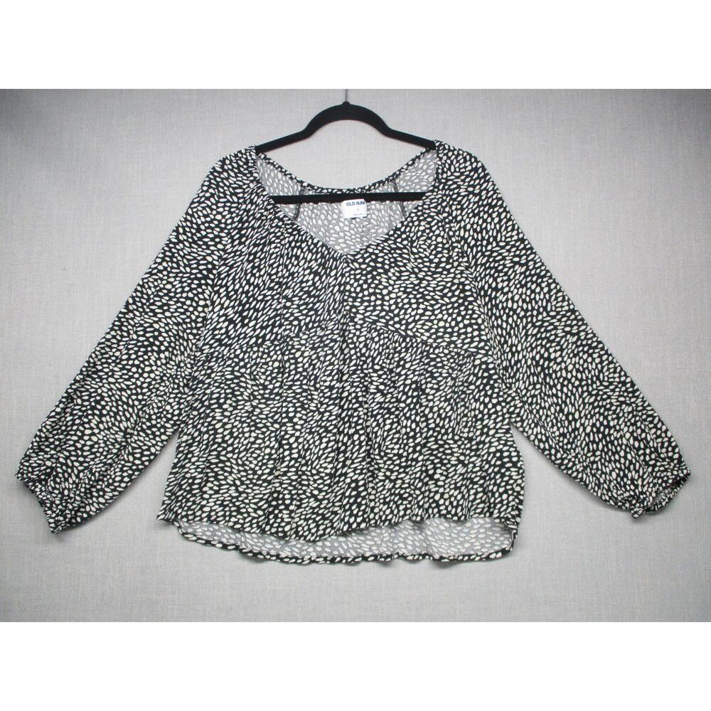 OLD NAVY Black White Spot Modern Chic V-Neck Long Sleeve Womens Blouse‎ Size XL